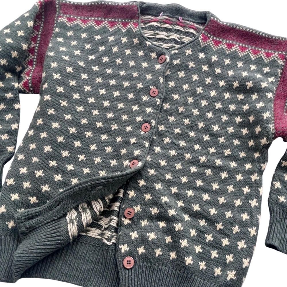 VTG Nordicโ Cardigan Fair Isle Star Bird Pattern Size Small Retro Green Cabin